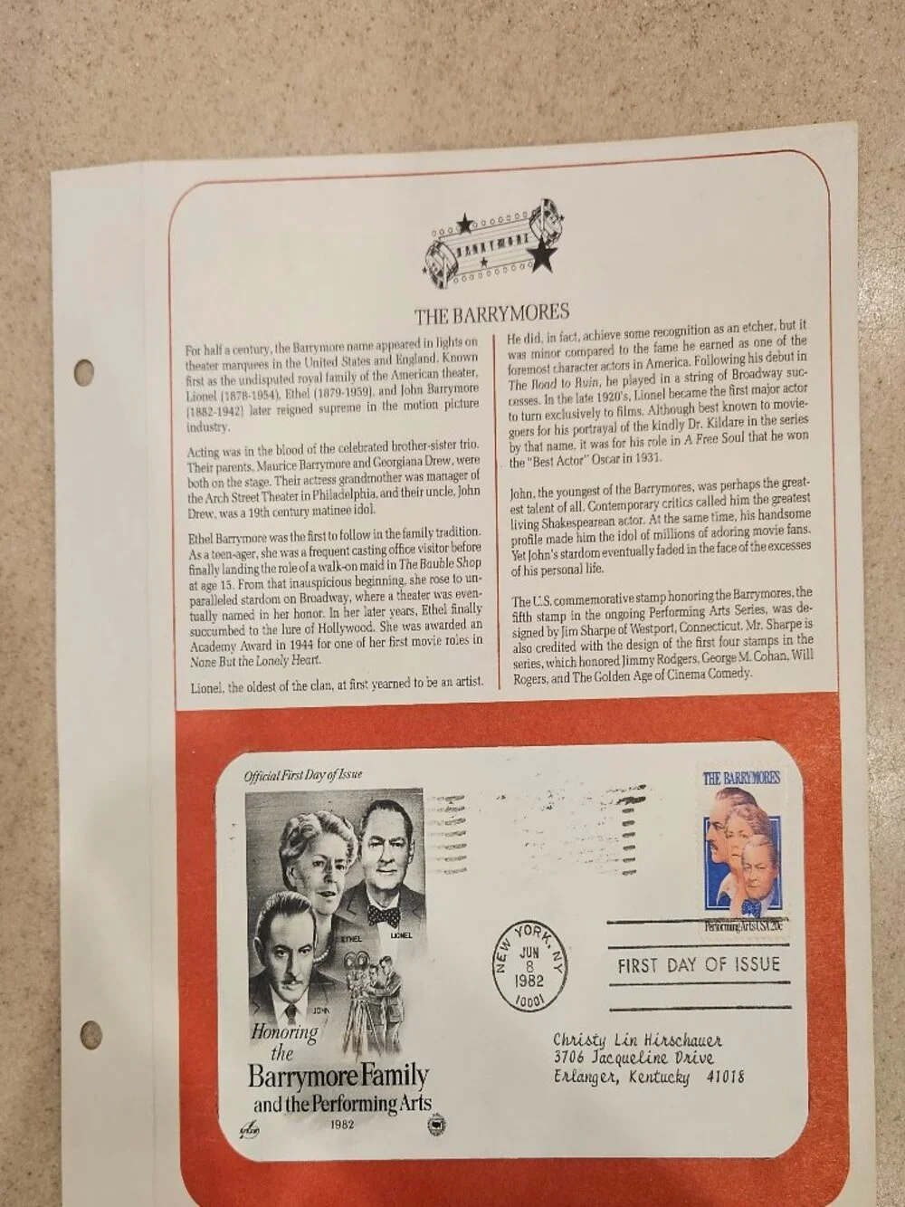 RARE COLLECTIBLE USPS 1ST DAY ISSUE COVER BARRYMORE FAMILY PERFORMING ARTS STAMP